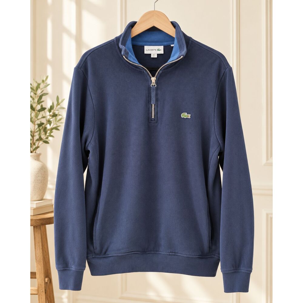 Lacoste Men’s Navy Blue Quarter Zip Pullover Sweater Size Large 100% Cotton